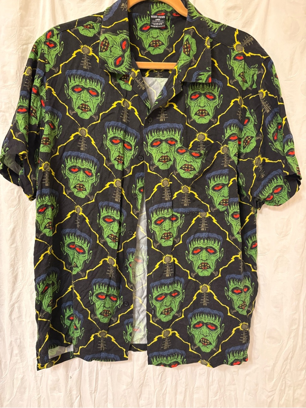 Spooky zombie, Frankenstein button down short sleeve shirt. Size large.
